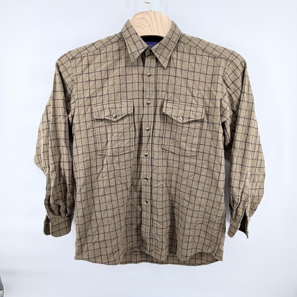 Pendleton Pure Virgin Wool Flannel Shirt Mens Large Long Tan Brown Plaid Check